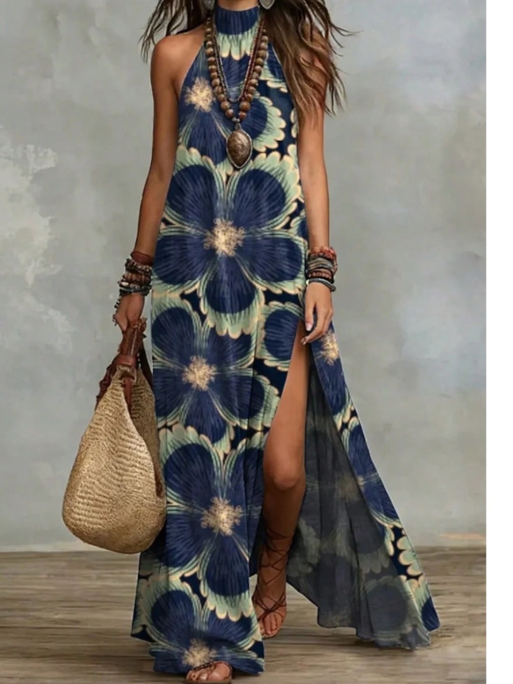 Boho Floral Print Halter Neck Split Thigh Maxi dress - Picture 1 of 1